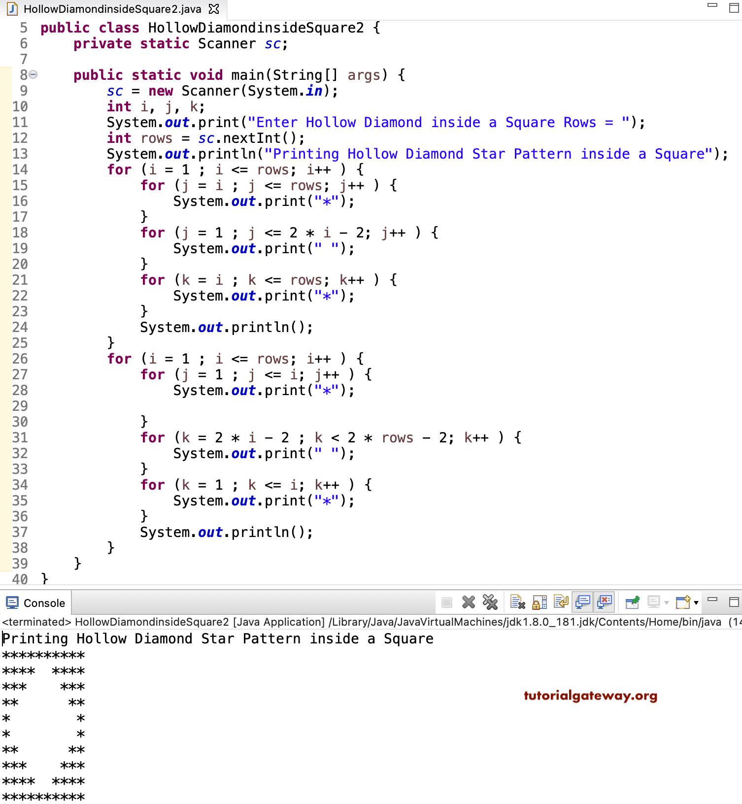 Java Program to Print Hollow Diamond Pattern inside a Square 1