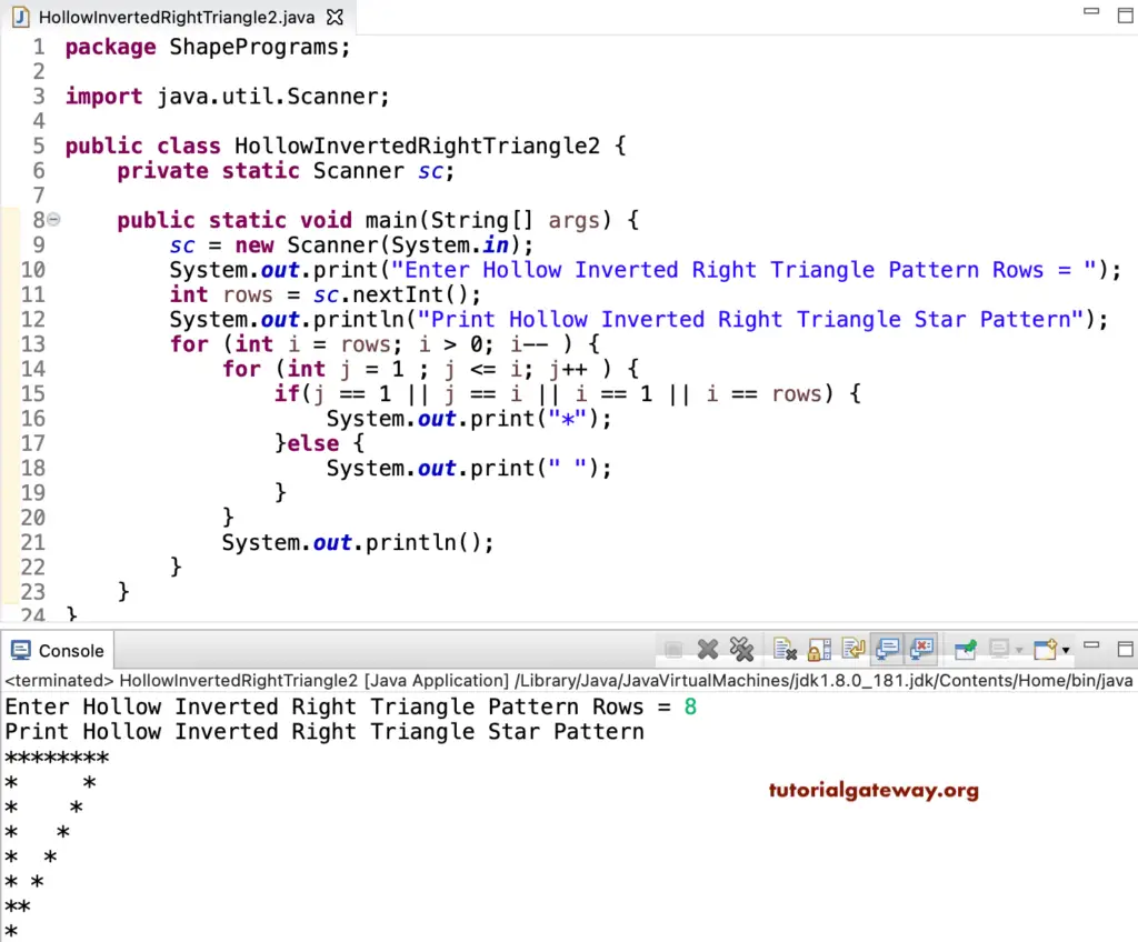 Java Program to Print Hollow Inverted Right Triangle Star Pattern 1