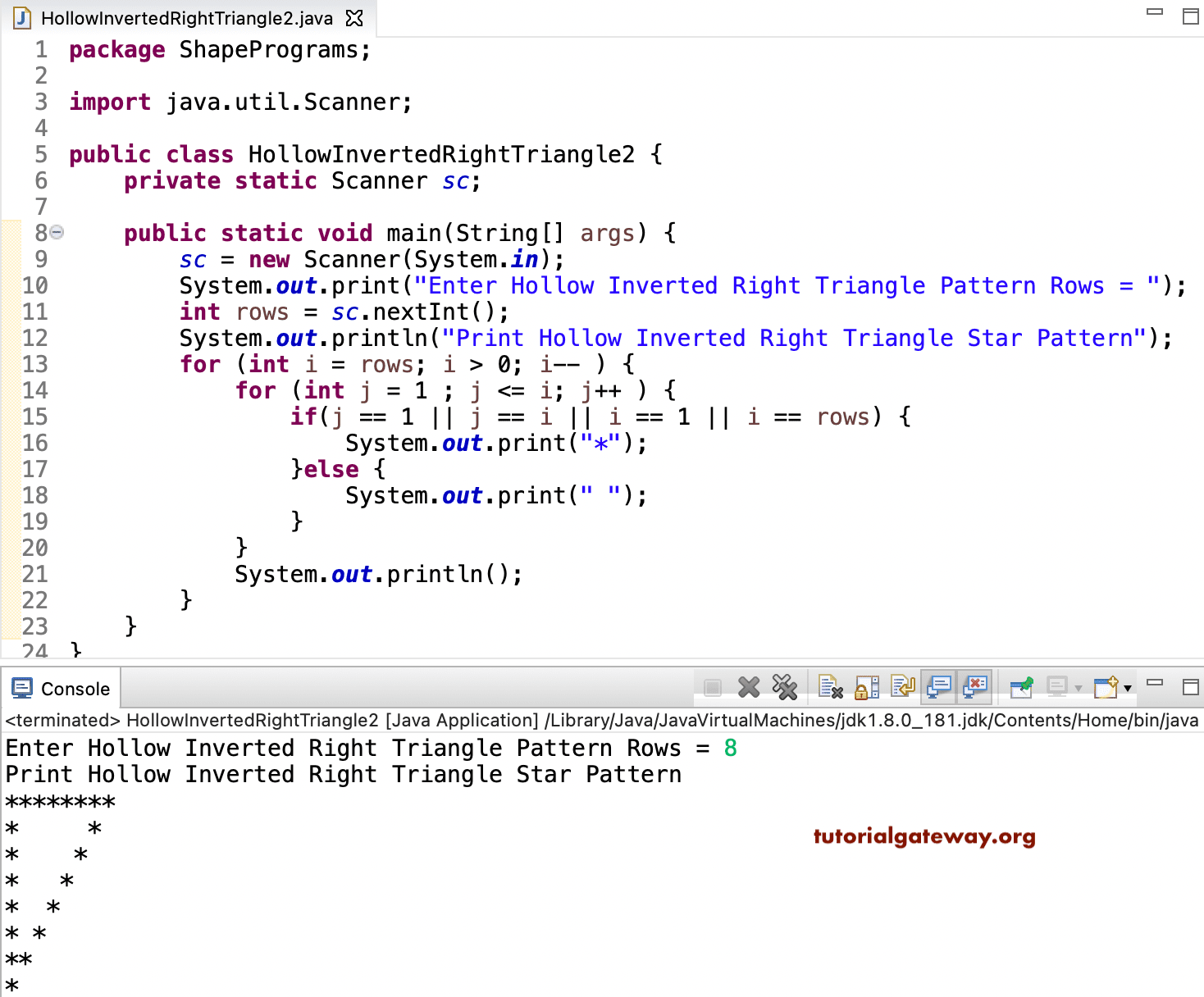 Java Program to Print Hollow Inverted Right Triangle Star Pattern 1
