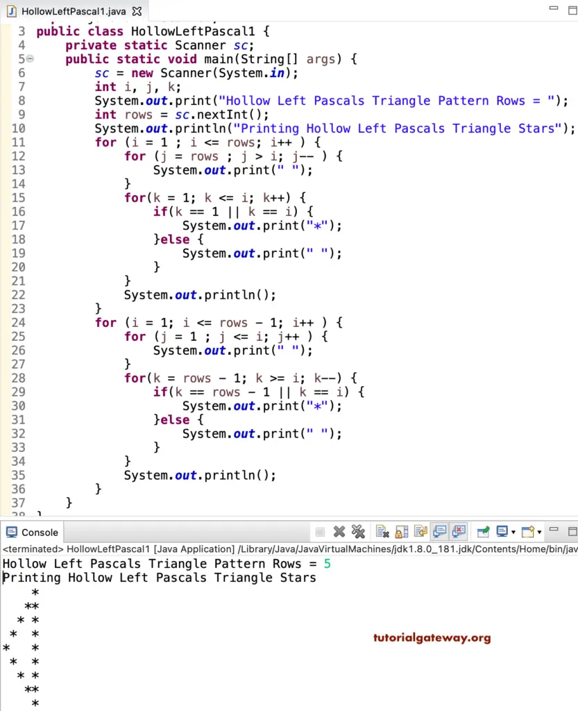 Java Program to Print Hollow Left Pascals Star Triangle