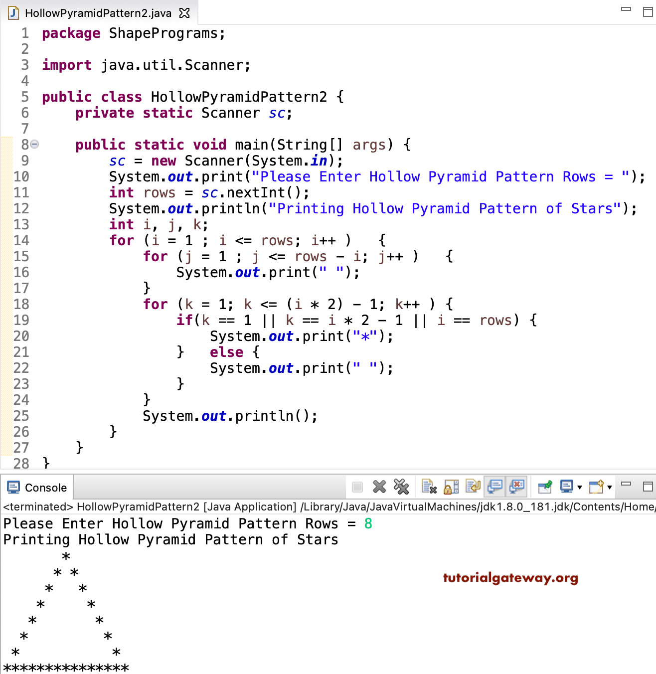 Java Program to Print Hollow Pyramid Star Pattern 1