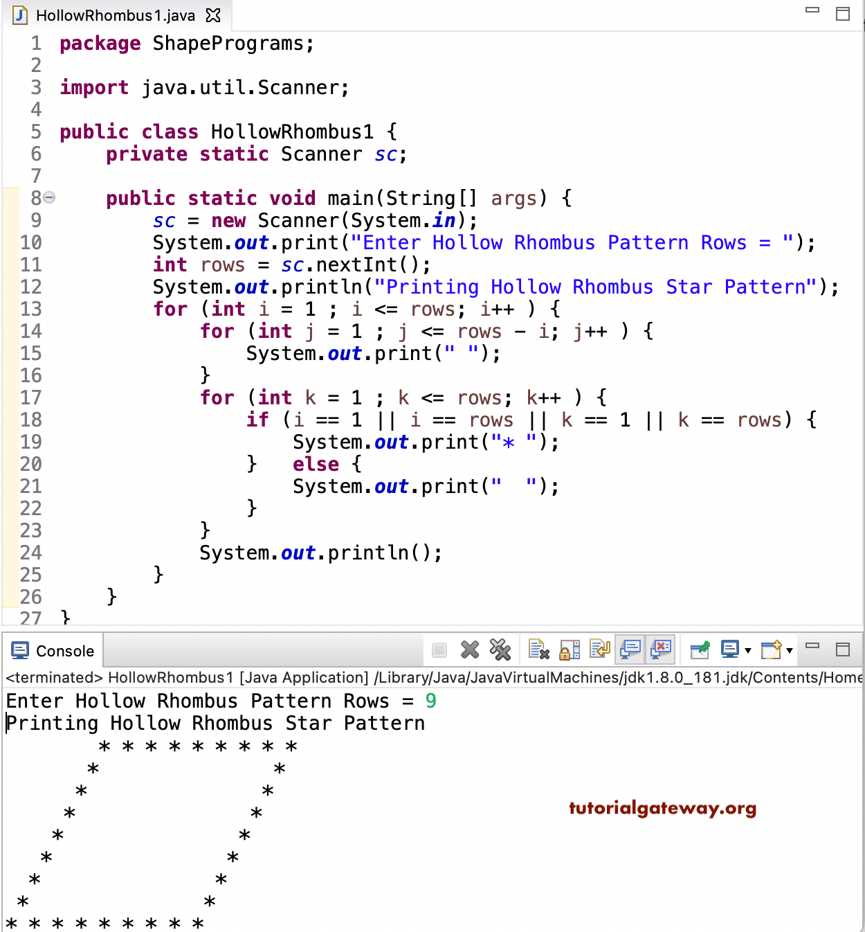 Java Program to Print Hollow Rhombus Star Pattern 1