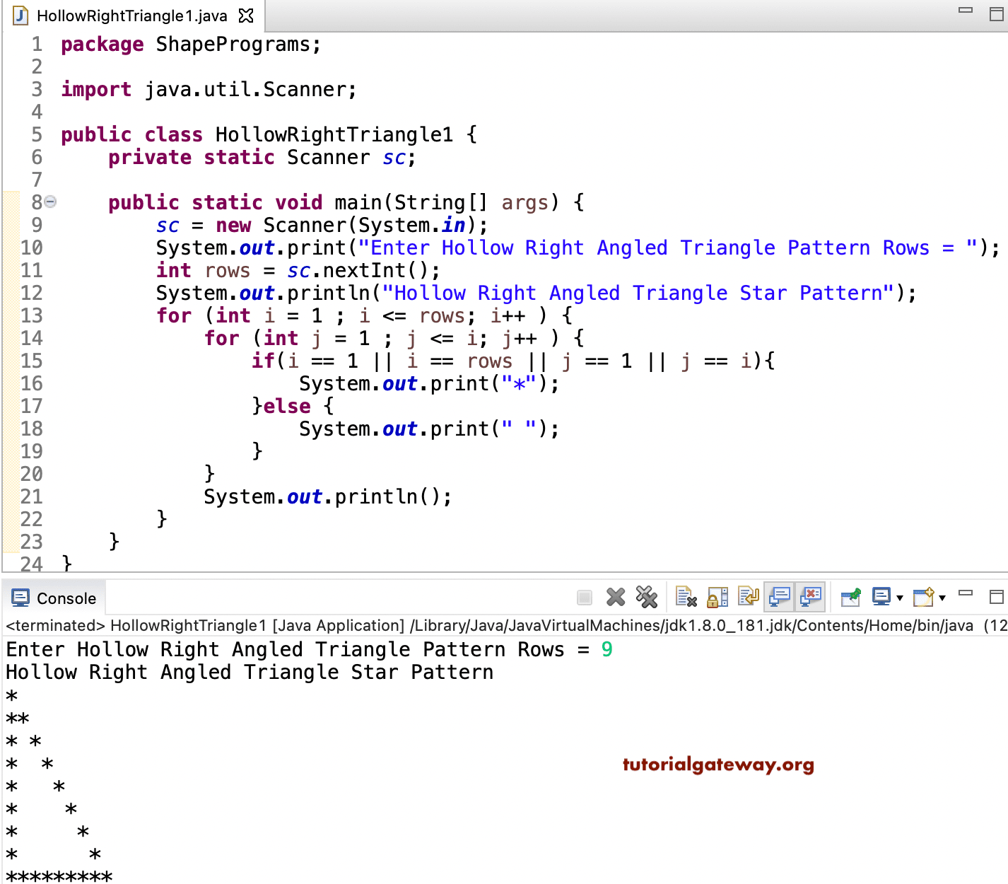 Java Program to Print Hollow Right Angled Triangle Star Pattern 1