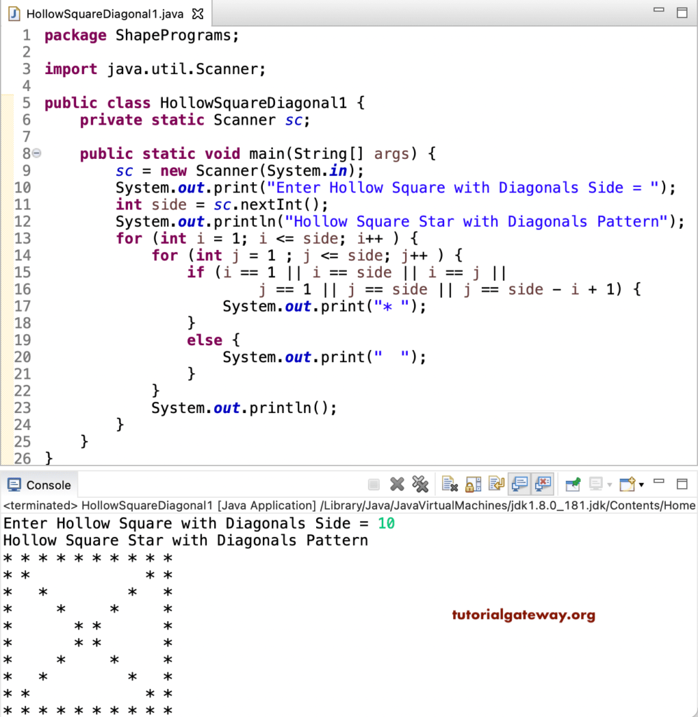 Java Program to Print Hollow Square with Diagonals 1