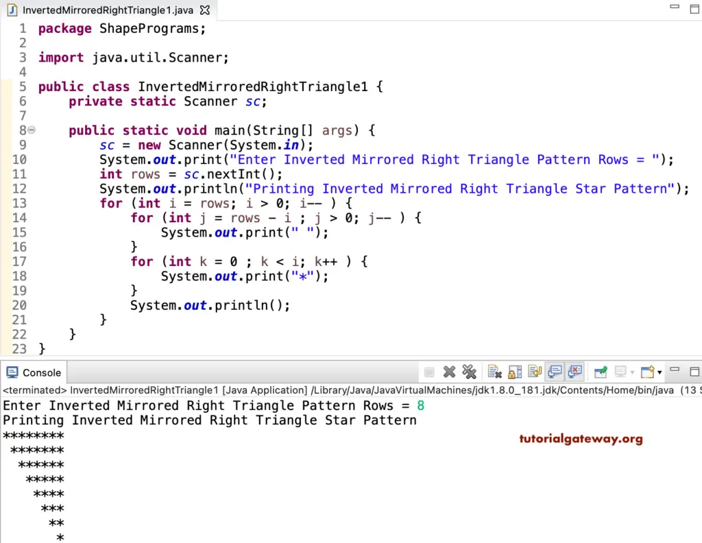 Java Program to Print Inverted Mirrored Right Triangle Star Pattern 1