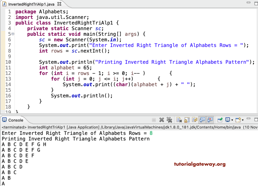 Java Program to Print Inverted Right Triangle Alphabets Pattern