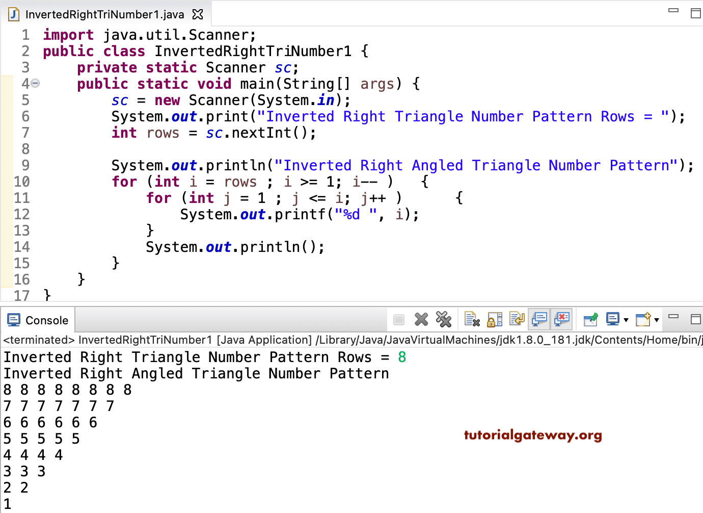 Java Program to Print Inverted Right Triangle Number Pattern 1