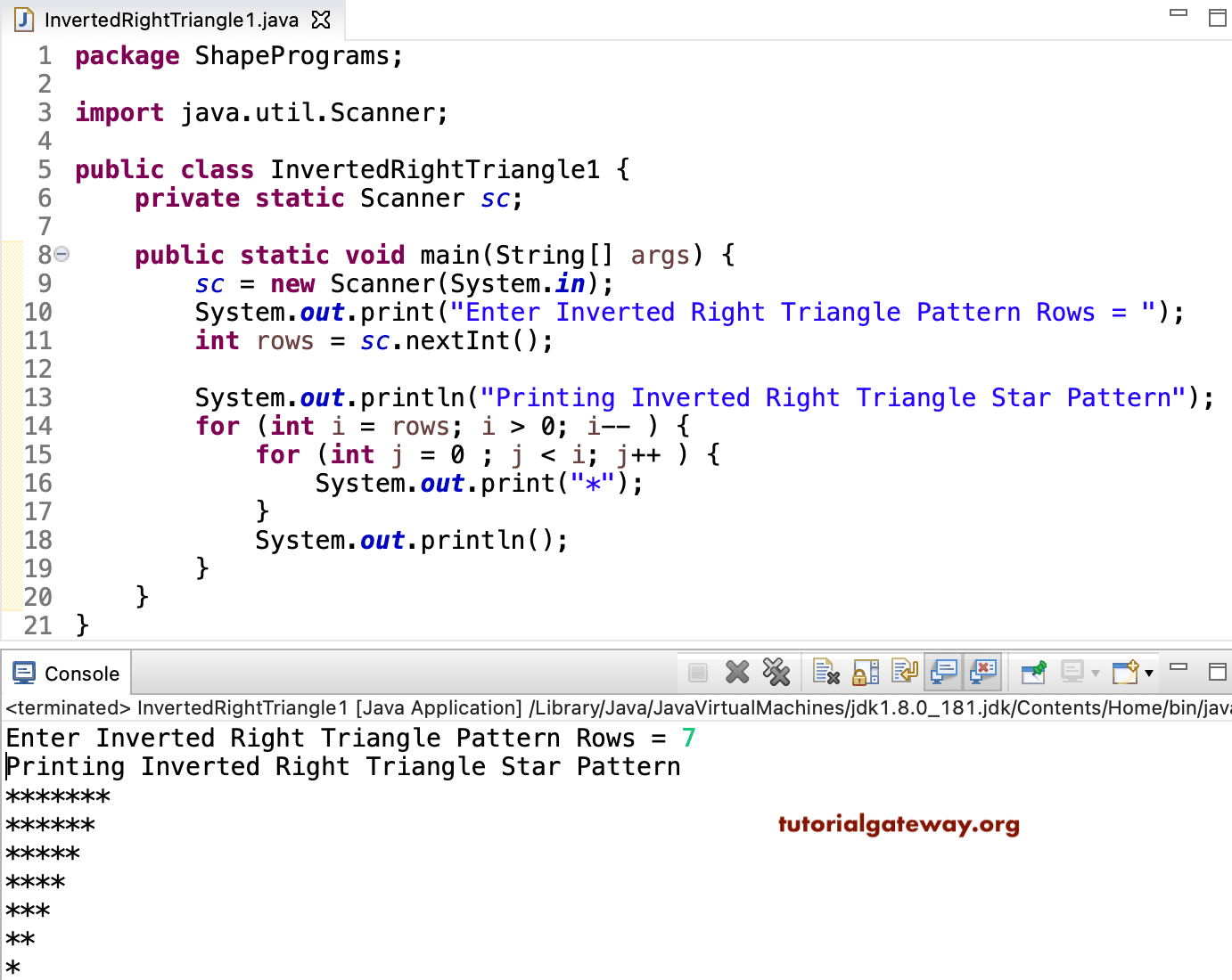 Java Program to Print Inverted Right Triangle Star Pattern 1