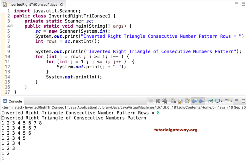 Java Program to Print Inverted Right Triangle of Consecutive Numbers 1