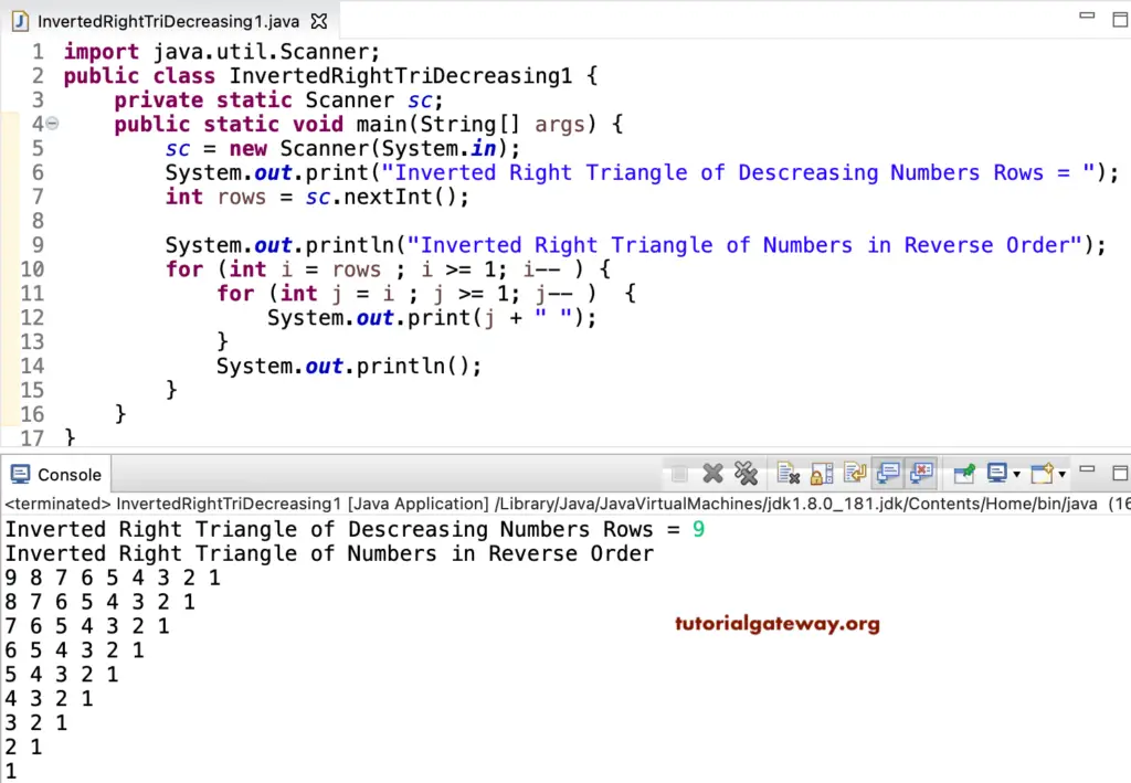 Java Program to Print Inverted Right Triangle of Decreasing Order Numbers 1