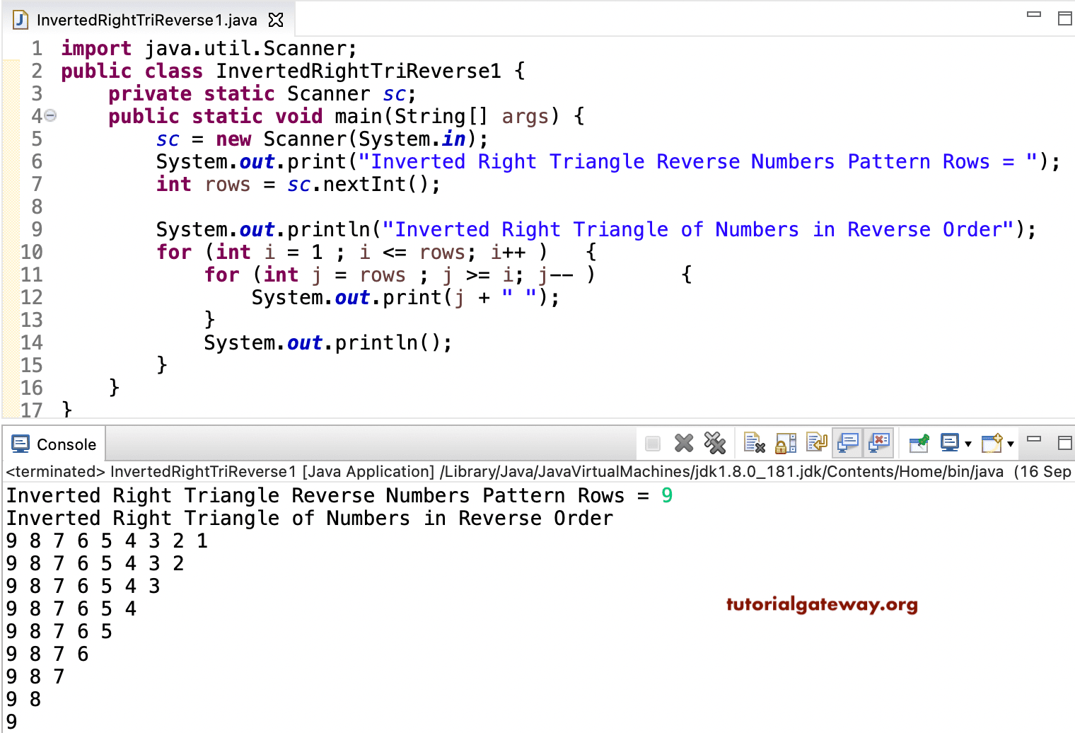 Java Program to Print Inverted Right Triangle of Numbers in Reverse 1