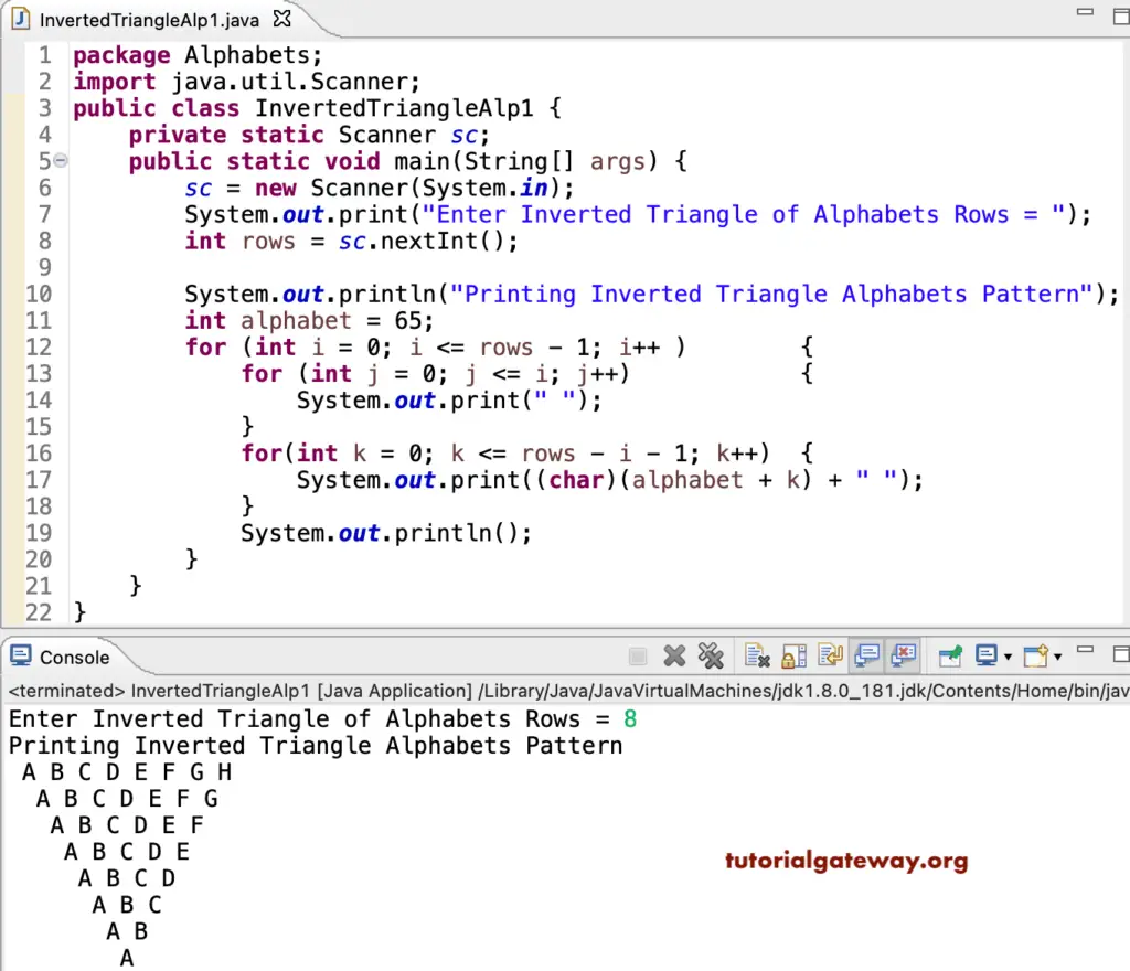 Java Program to Print Inverted Triangle Alphabets Pattern