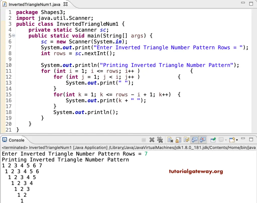 Java Program to Print Inverted Triangle Numbers Pattern