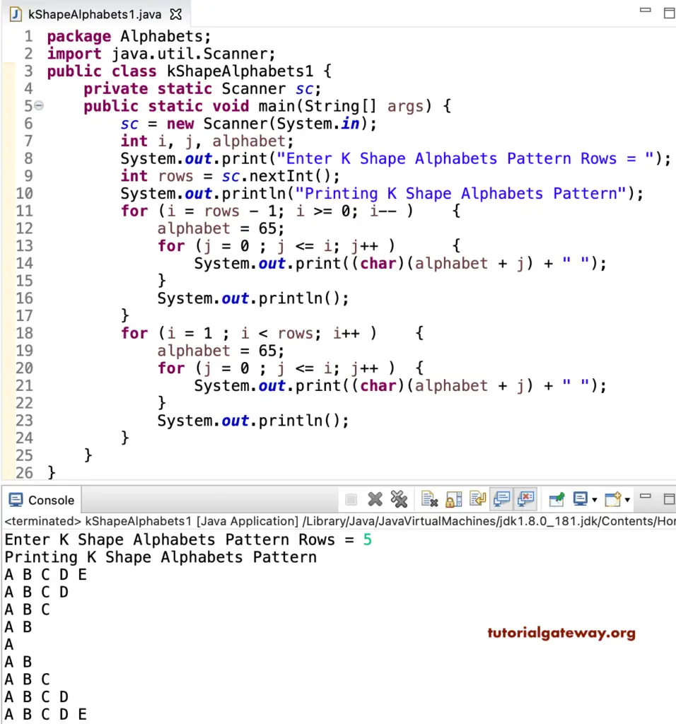 Java Program to Print K Shape Alphabet Pattern