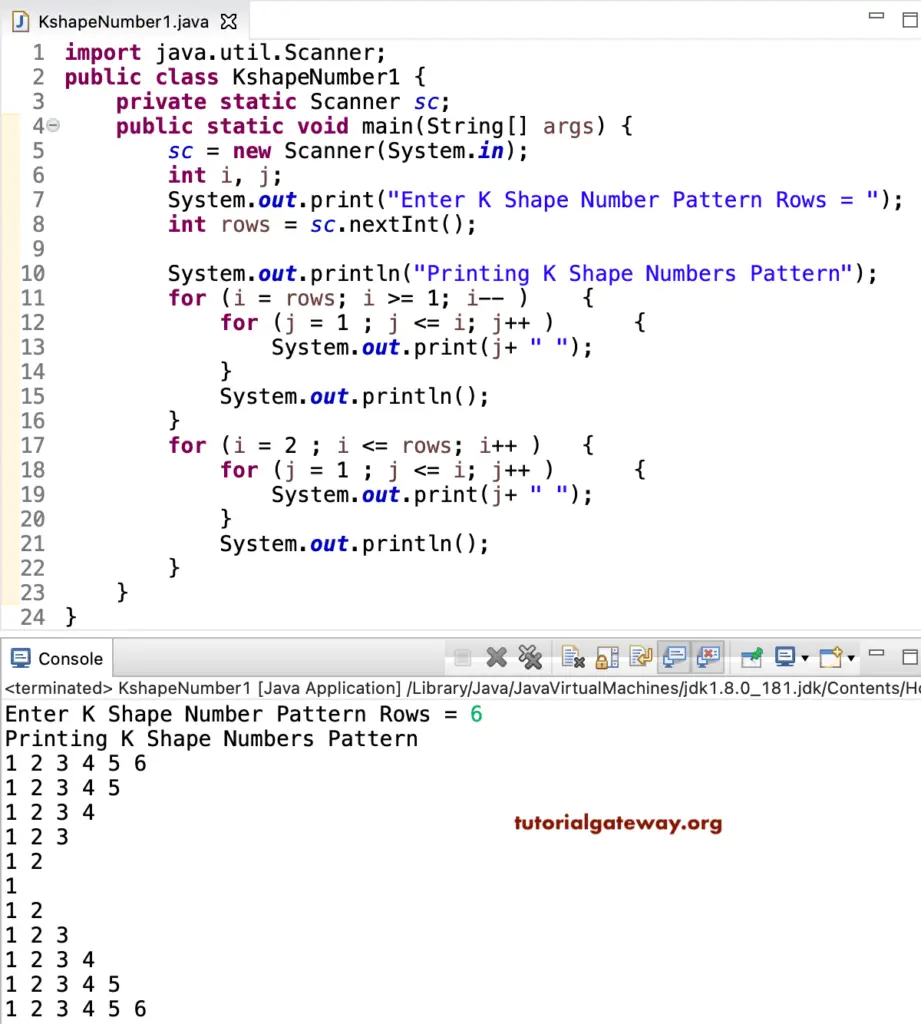 Java Program to Print K Shape Number Pattern 1