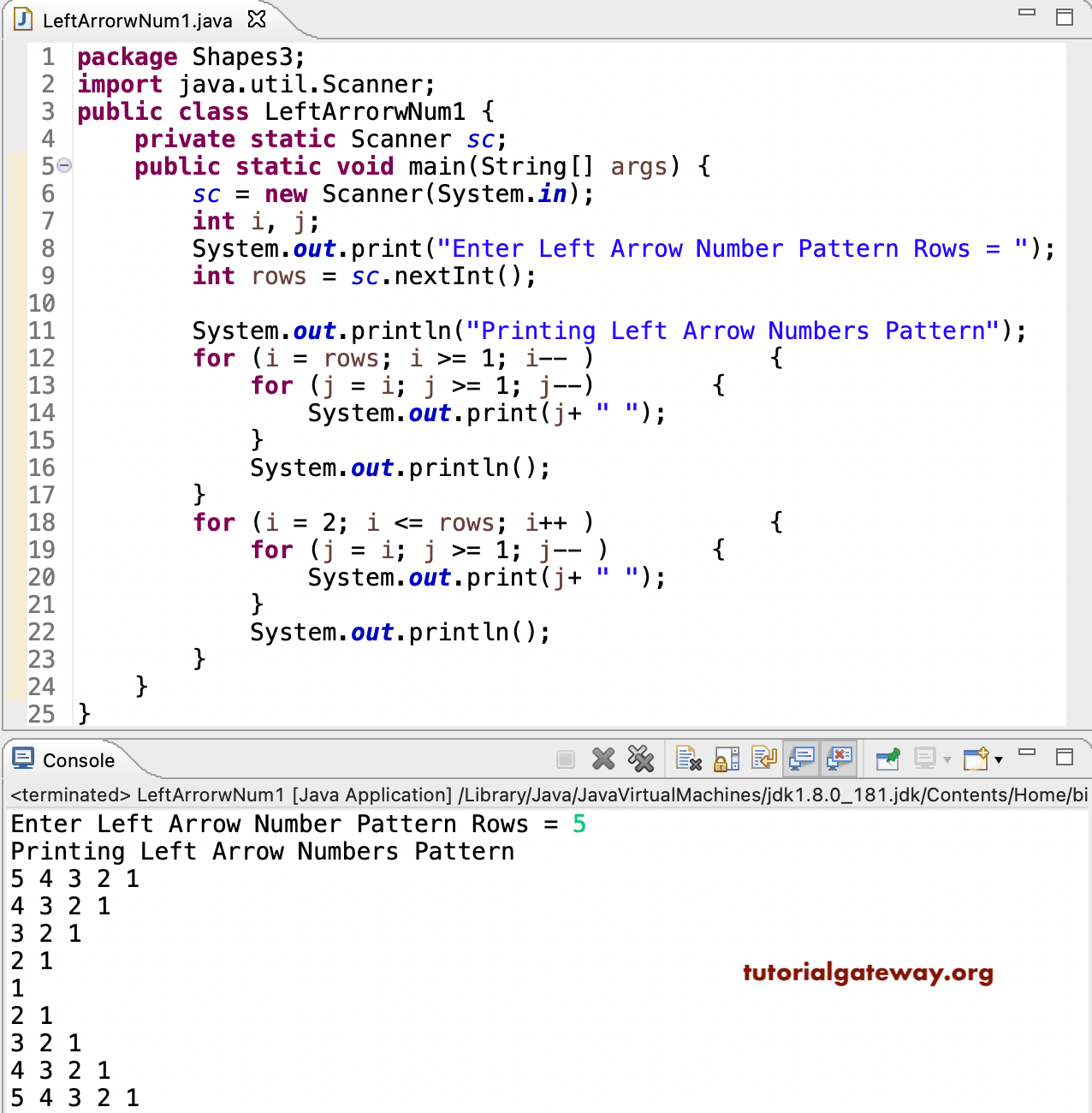 Java Program to Print Left Arrow Numbers Pattern