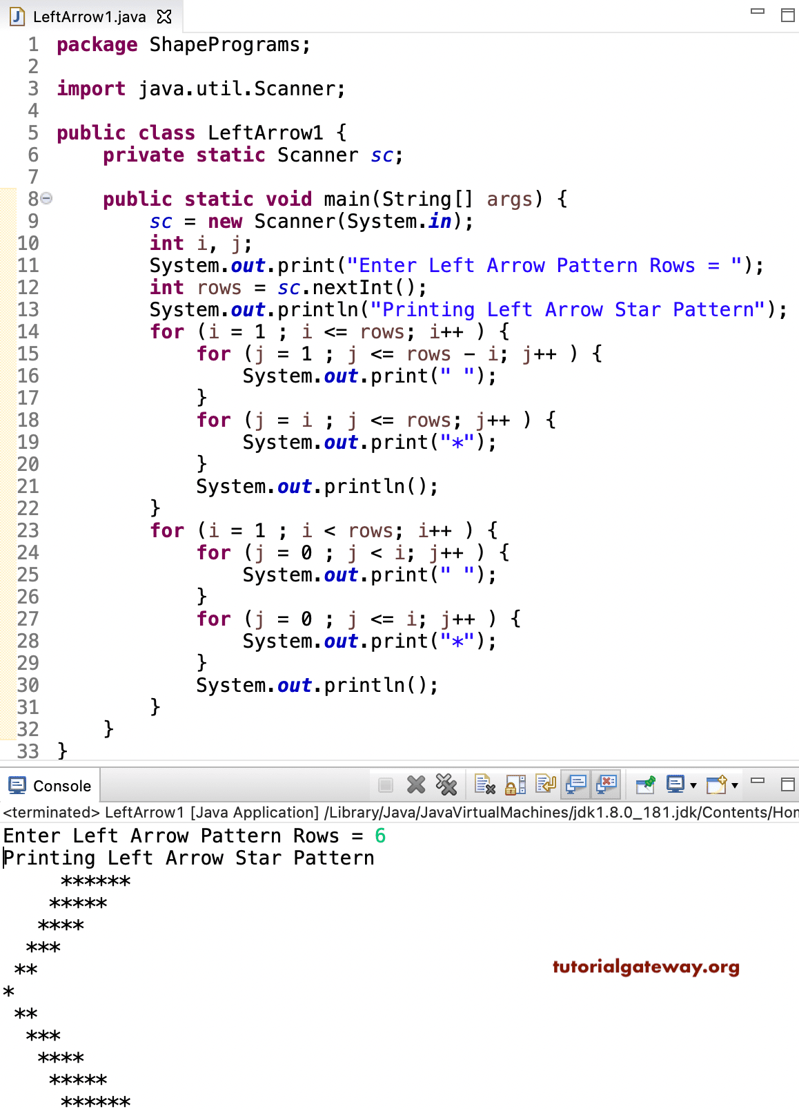 Java Program to Print Left Arrow Star Pattern 1