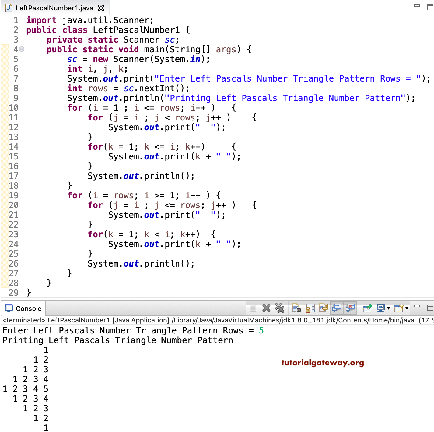 Java Program to Print Left Pascals Number Triangle