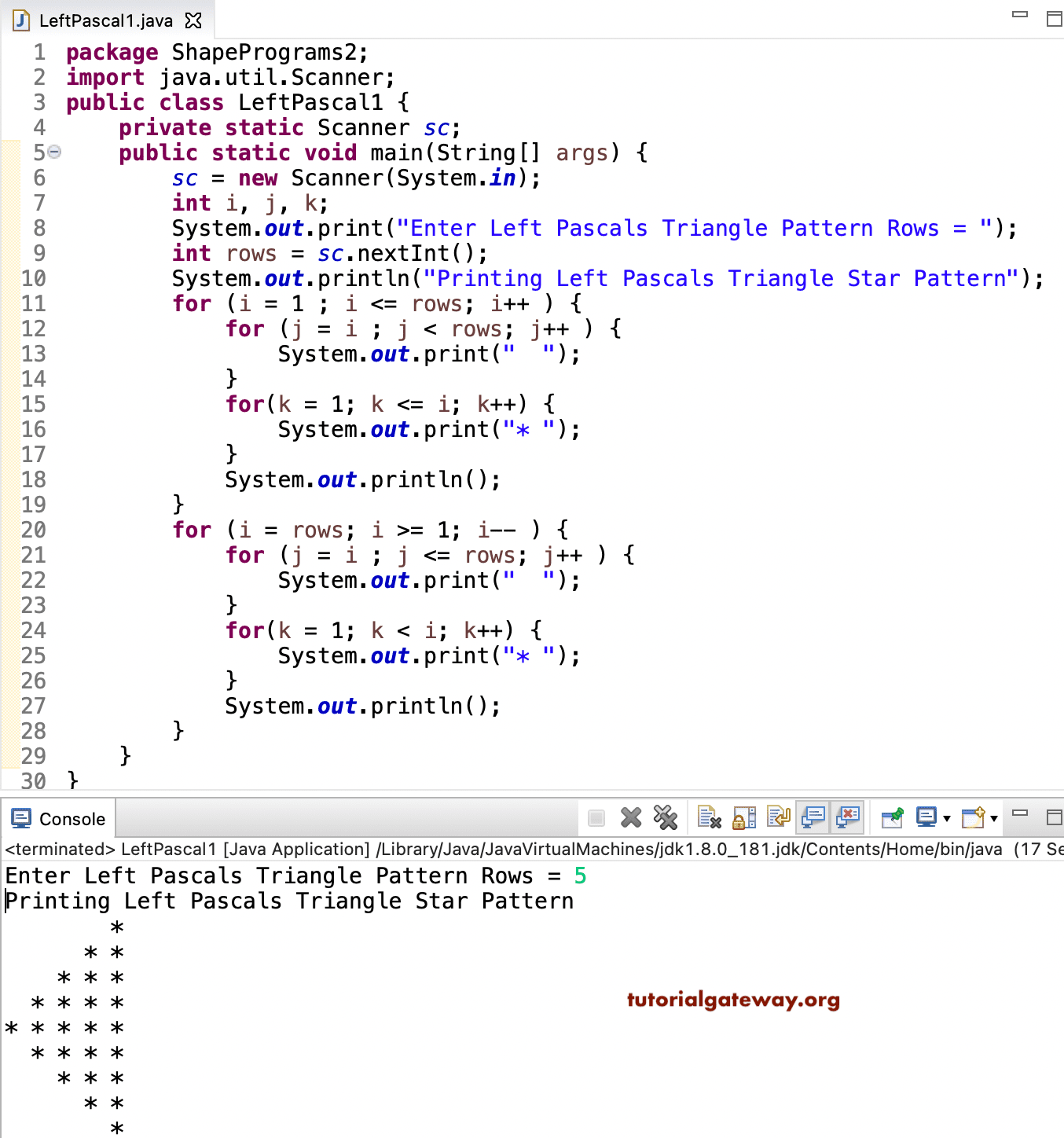 Java Program to Print Left Pascals Star Triangle