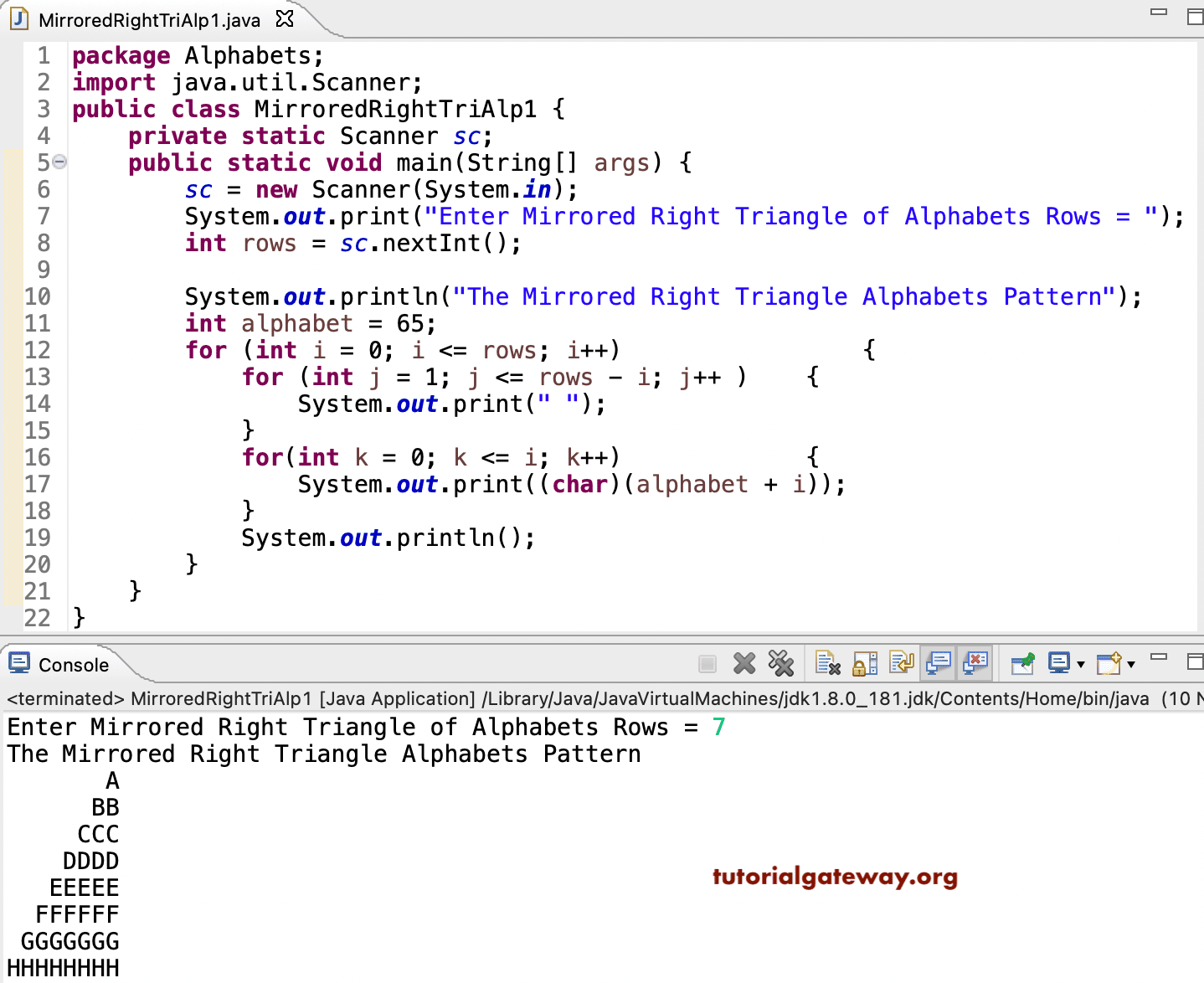 Java Program to Print Mirrored Right Triangle Alphabets Pattern