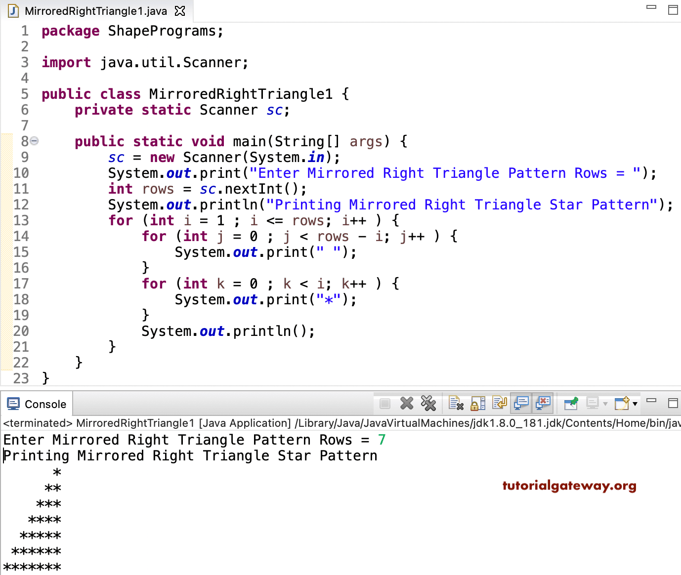Java Program to Print Mirrored Right Triangle Star Pattern 1