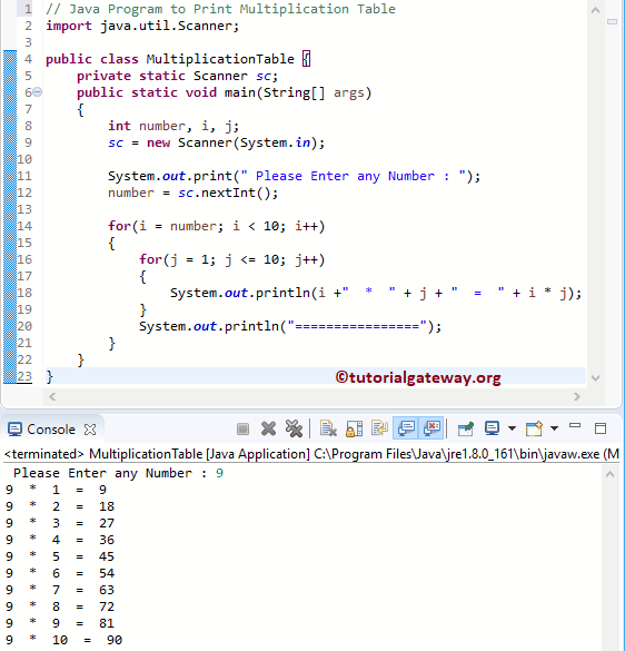 Java Program to Print Multiplication Table 1