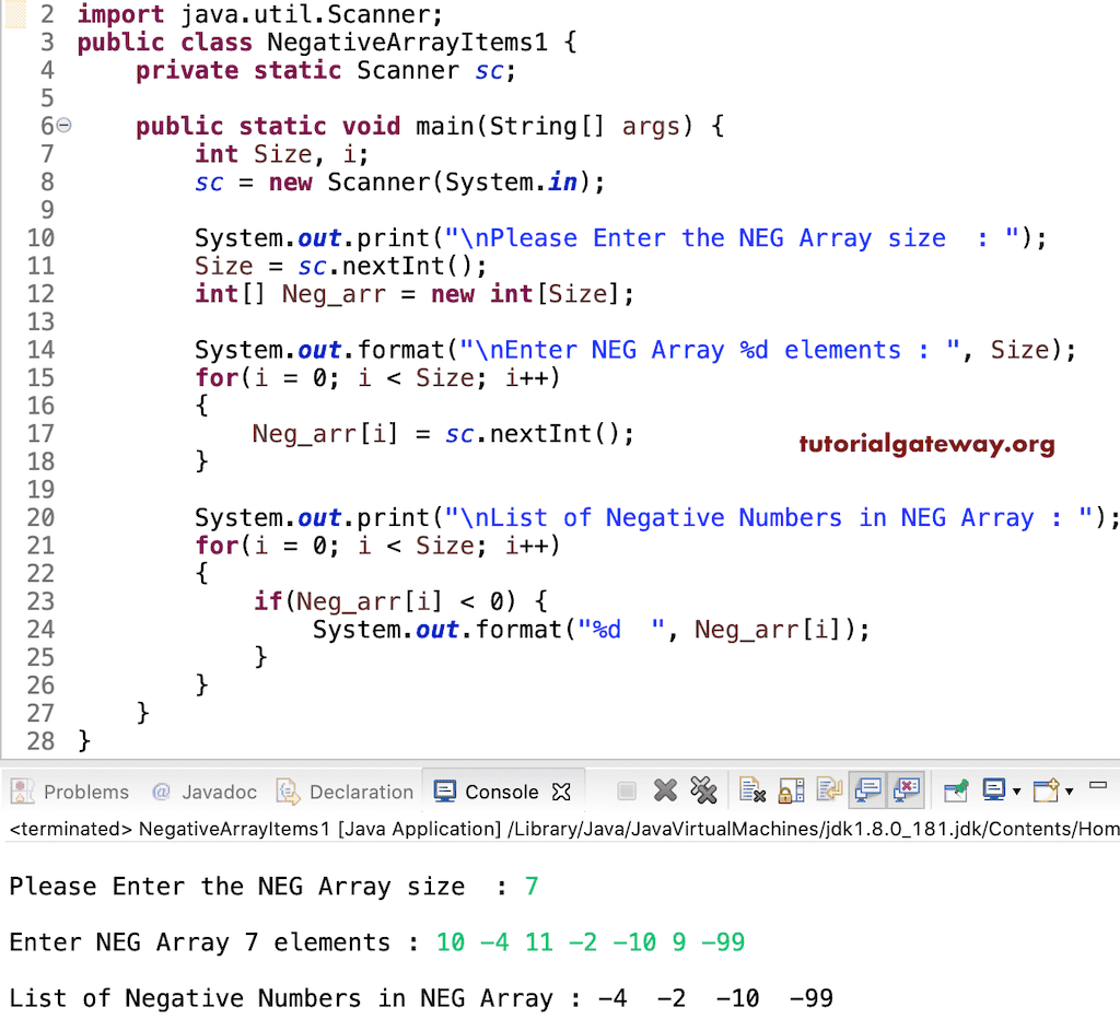 Java program to print negative array numbers