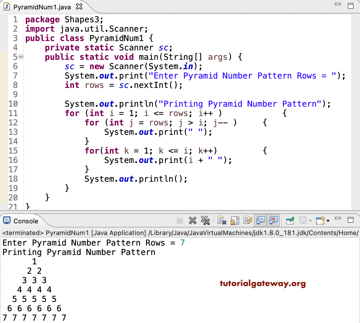 Java Program to Print Pyramid Numbers Pattern
