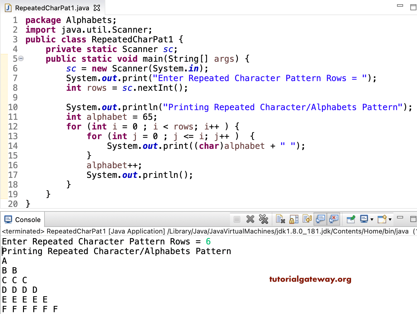 Java Program to Print Repeated Character Pattern