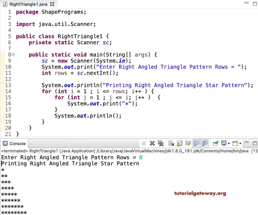 Java Program to Print Right Angled Triangle Star Pattern 1