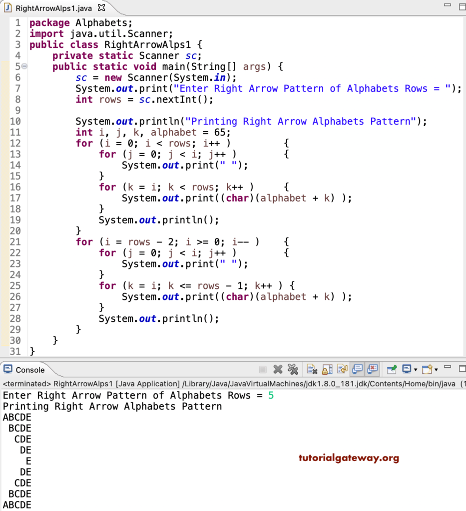 Java Program to Print Right Arrow Alphabets Pattern