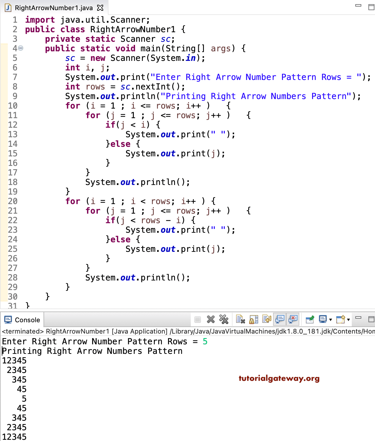 Java Program to Print Right Arrow Number Pattern