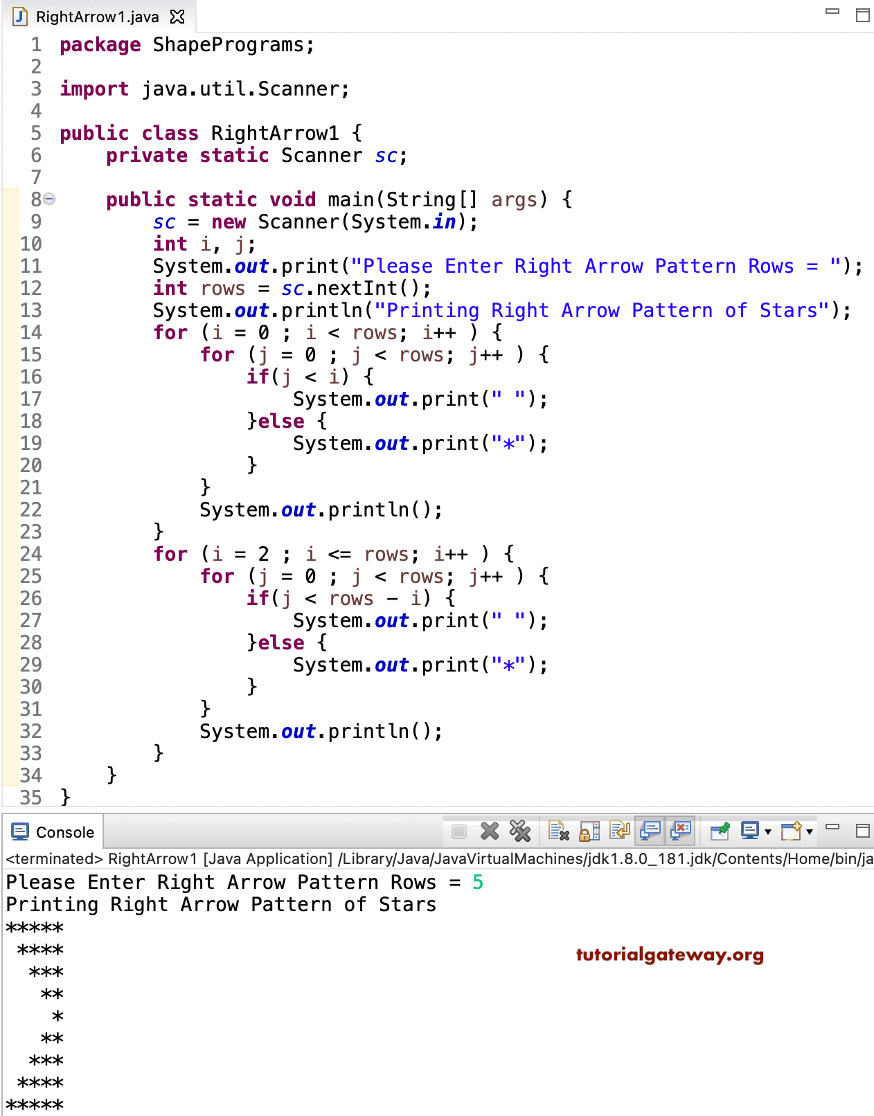 Java Program to Print Right Arrow Star Pattern 1