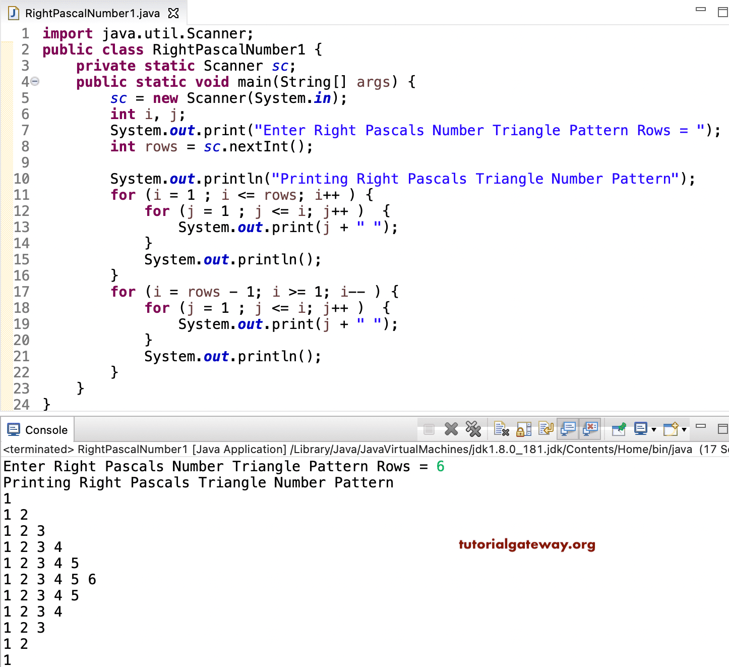 Java Program to Print Right Pascals Number Triangle