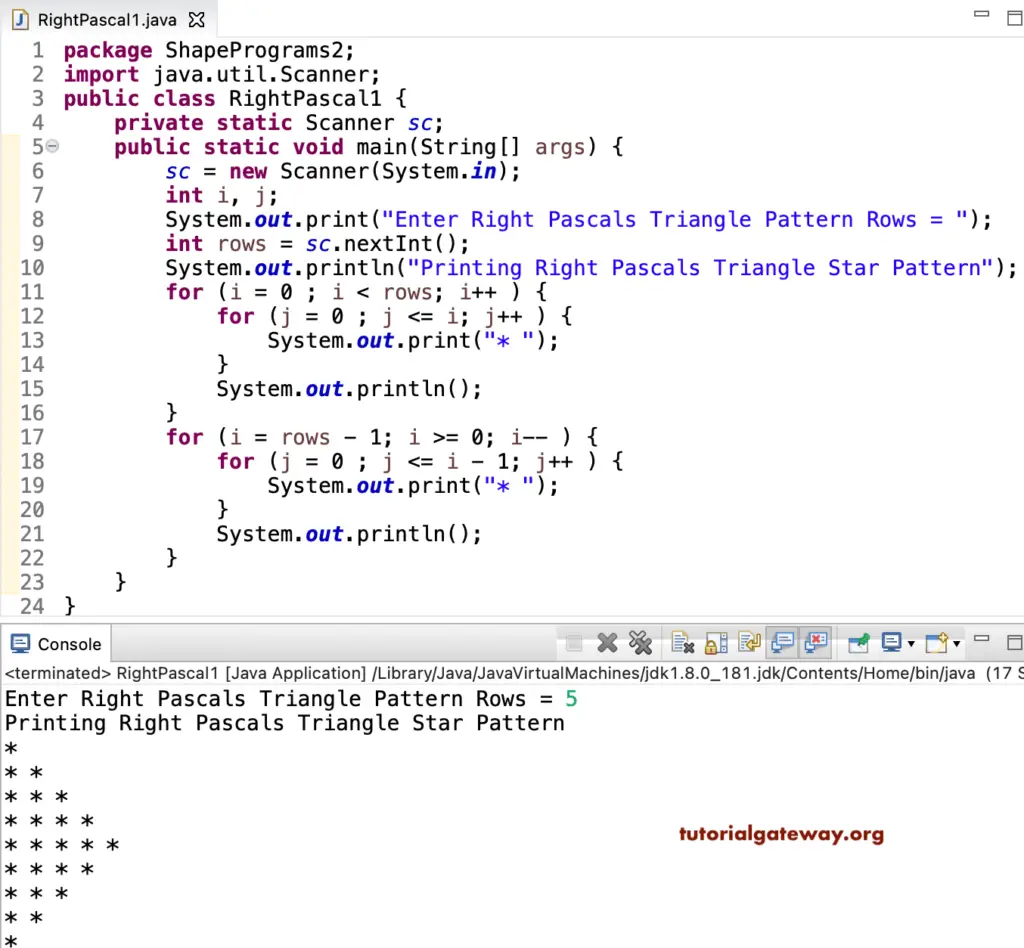 Java Program to Print Right Pascals Star Triangle