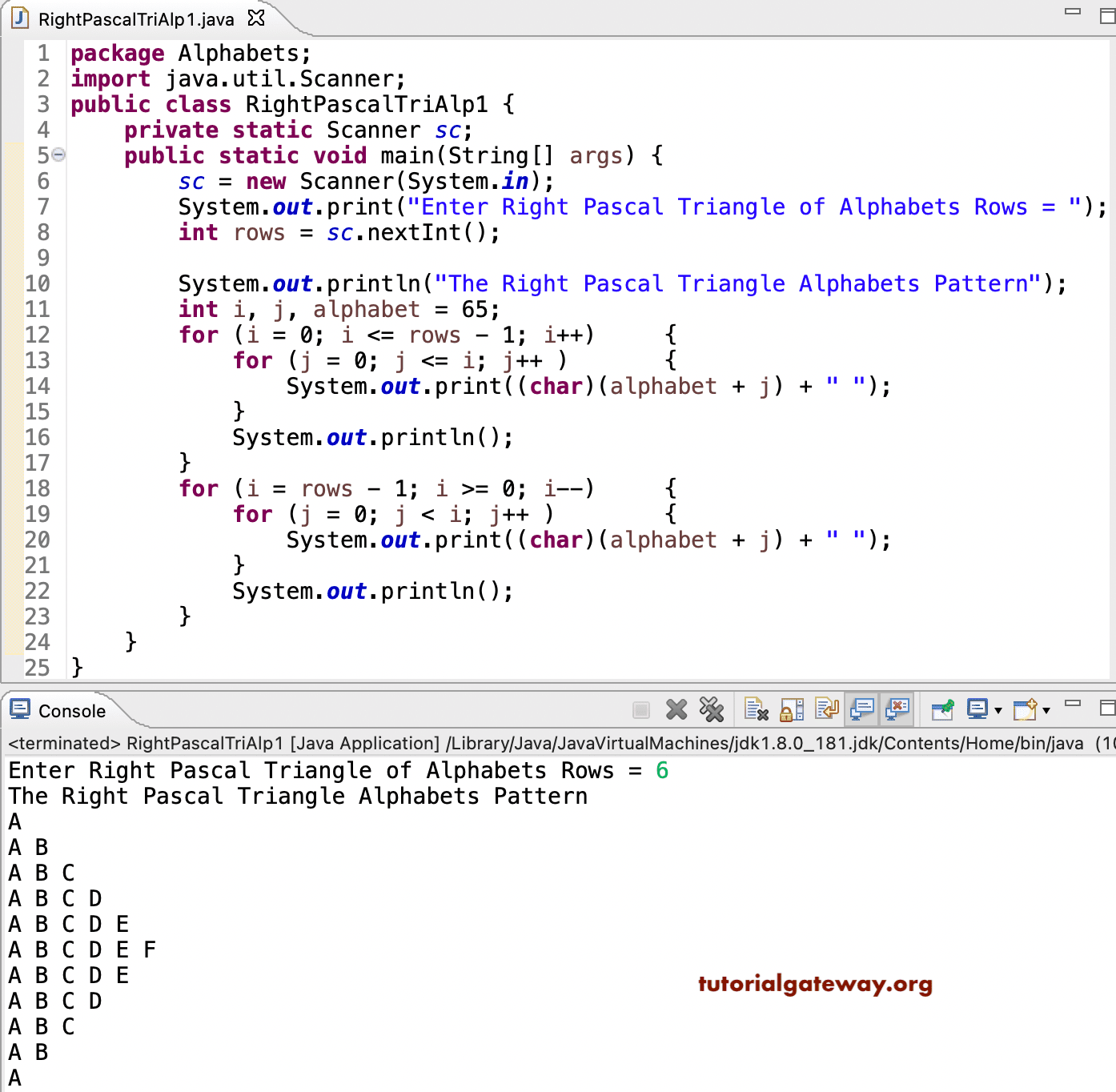 Java Program to Print Right Pascals Triangle Alphabets Pattern