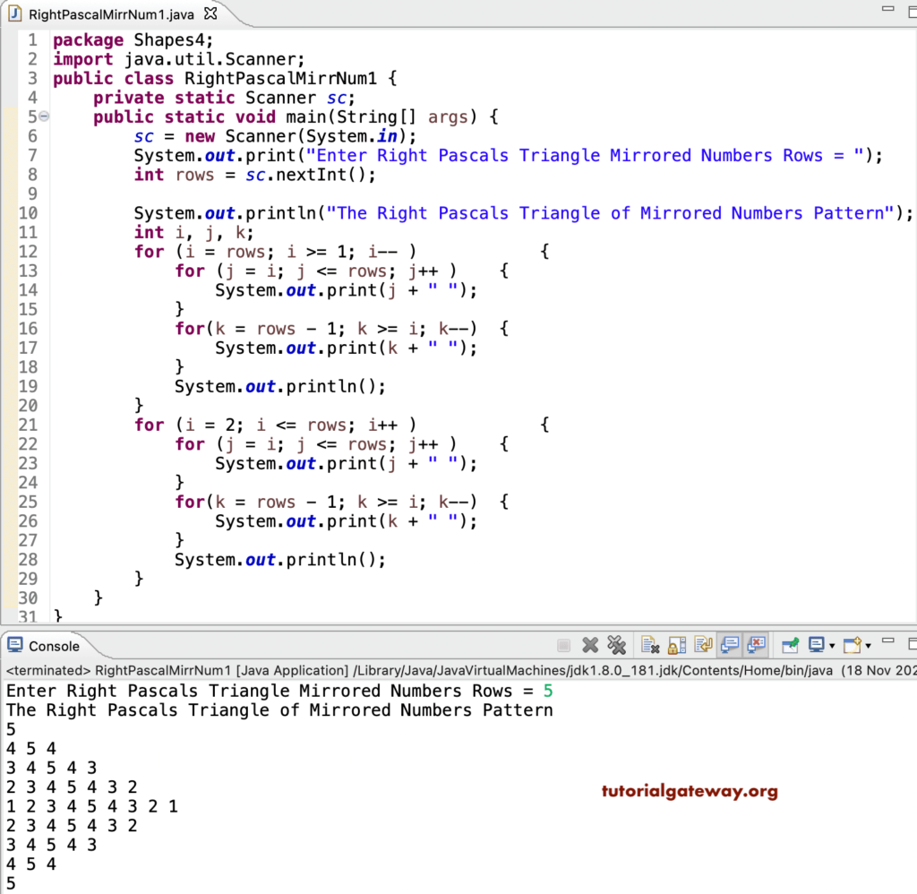 Java Program to Print Right Pascals Triangle of Mirrored Numbers Pattern