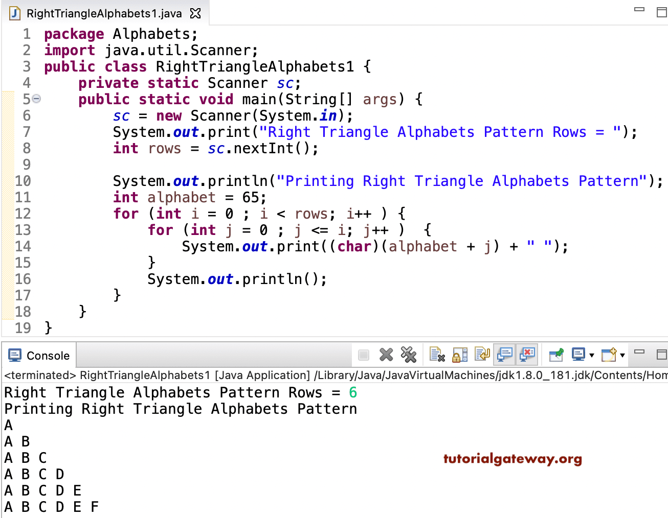 Java Program to Print Right Triangle Alphabets Pattern