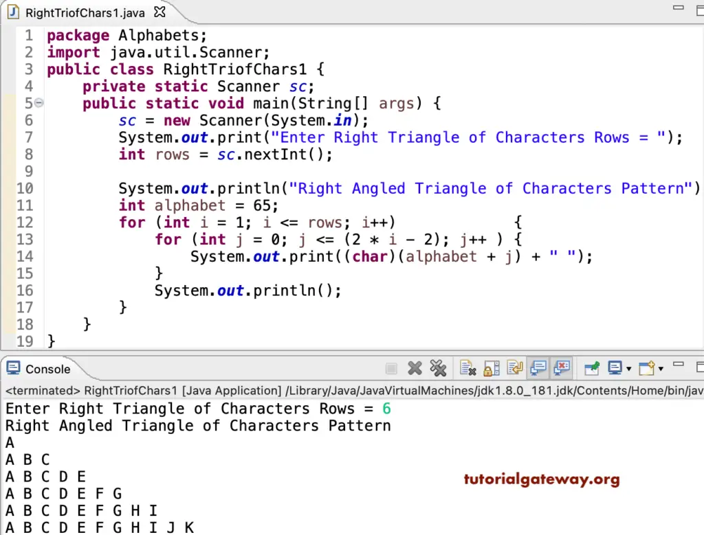 Java Program to Print Right Triangle Characters Pattern