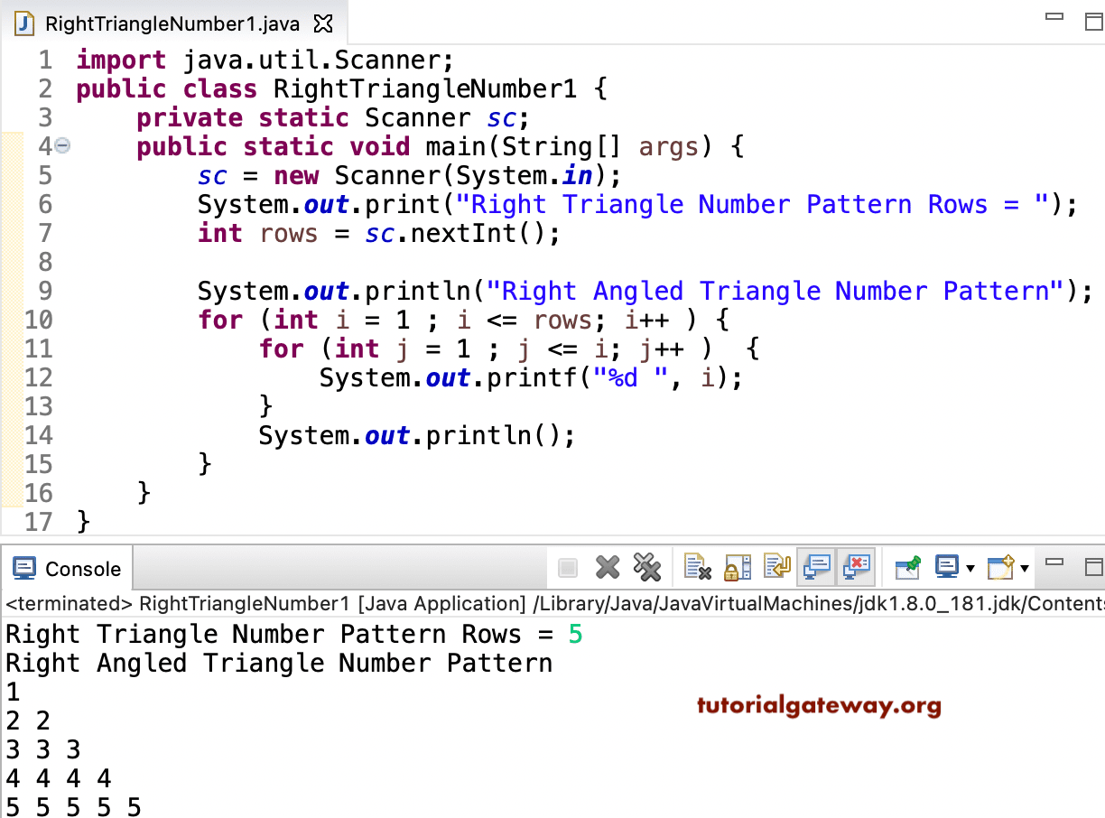 Java Program to Print Right Triangle Number Pattern