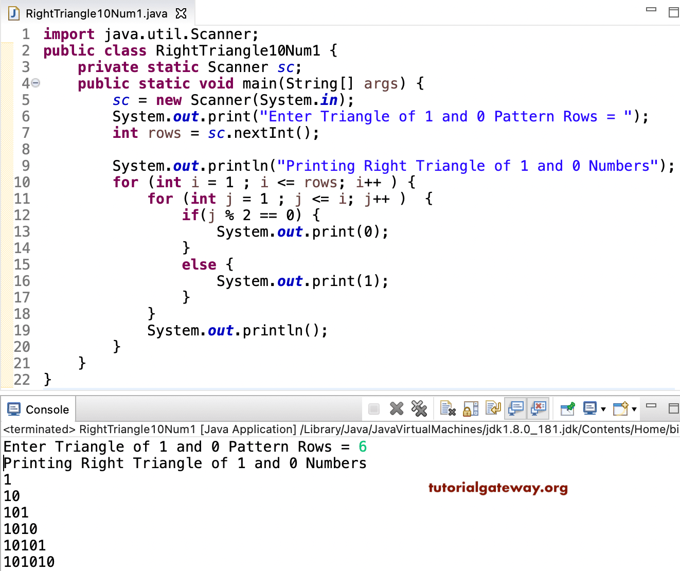 Java Program to Print Right Triangle of 1 and 0 Numbers