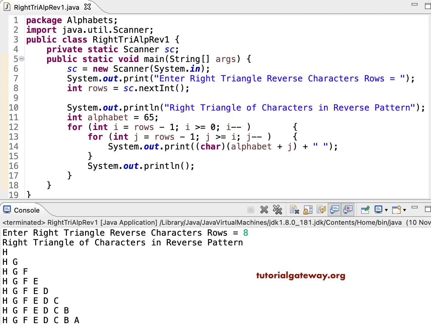 Java Program to Print Right Triangle of Alphabets in Reverse