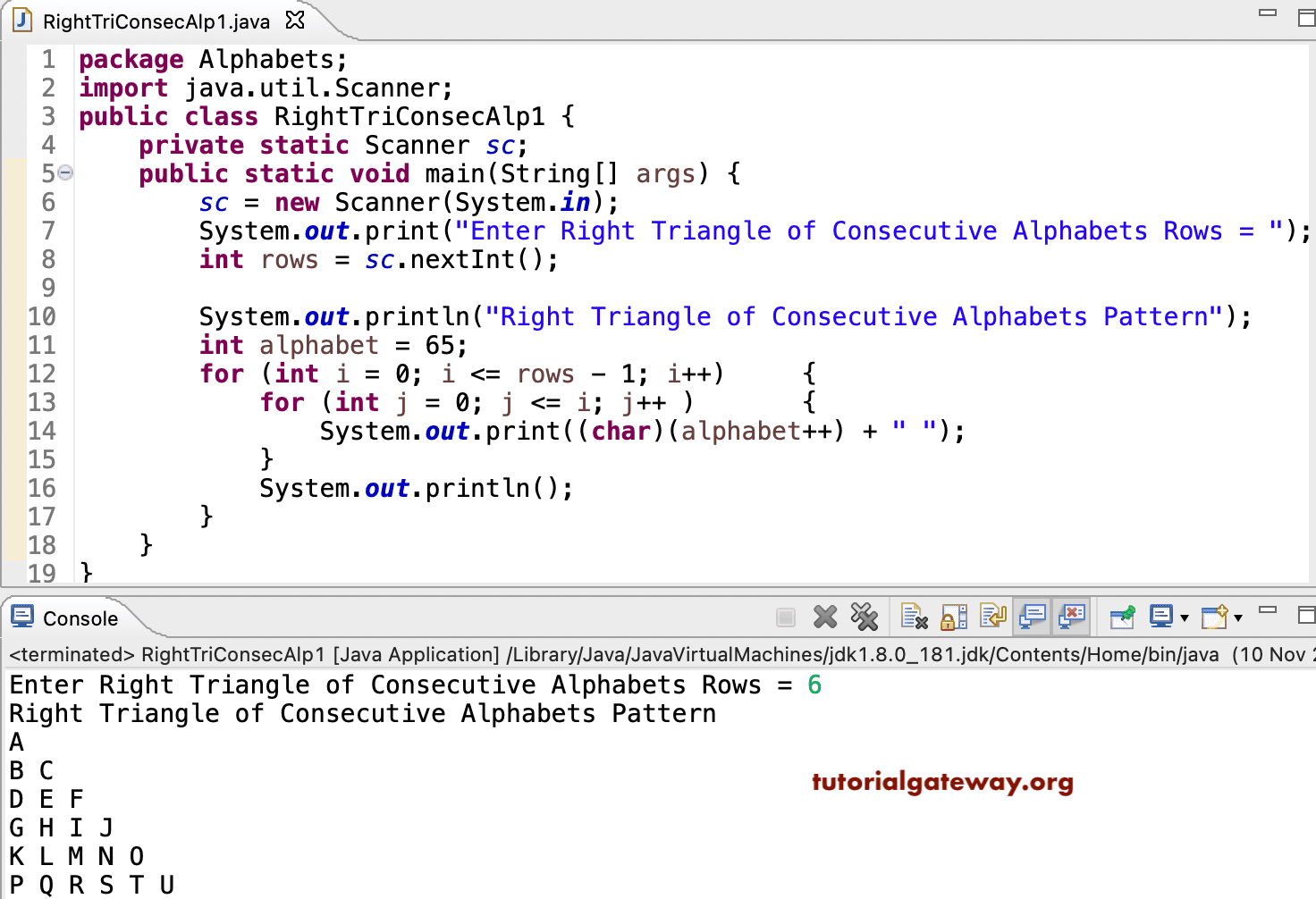 Java Program to Print Right Triangle of Consecutive Alphabets Pattern