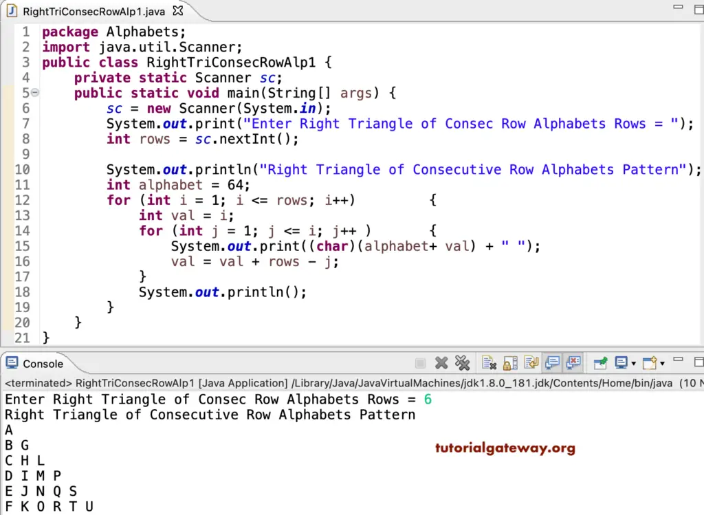 Java Program to Print Right Triangle of Consecutive Row Alphabets Pattern