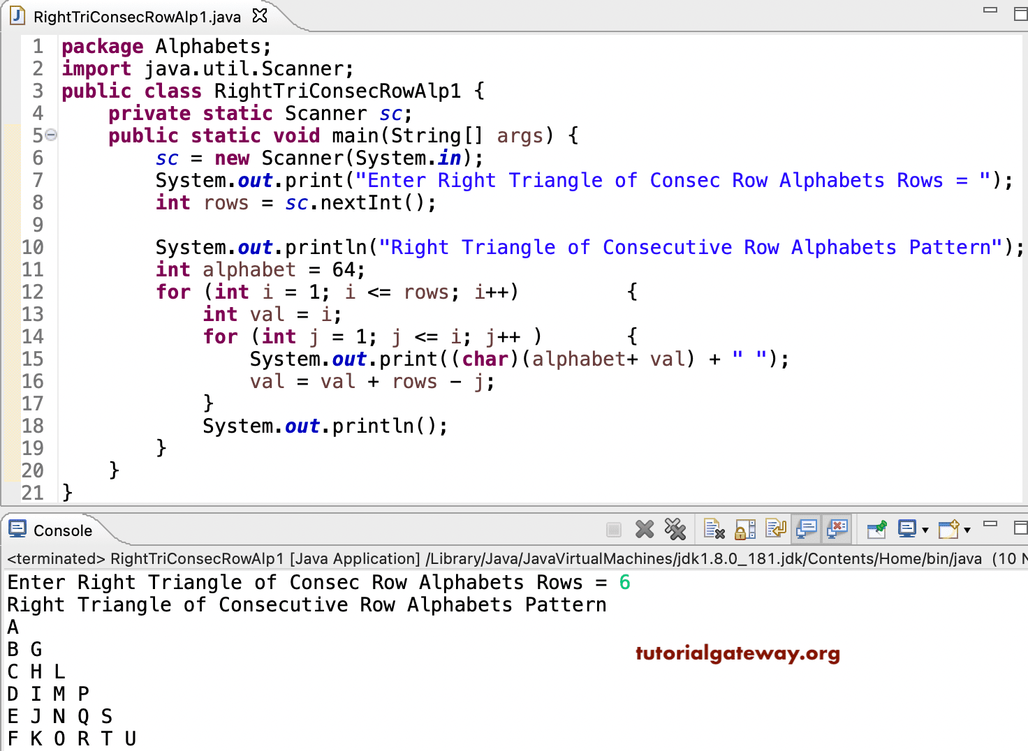 Java Program to Print Right Triangle of Consecutive Row Alphabets Pattern