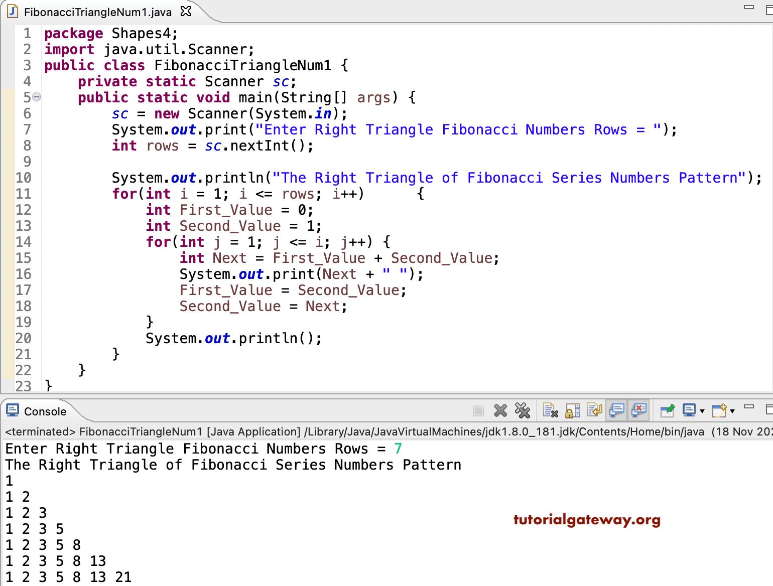 Java Program to Print Right Triangle of Fibonacci Series Numbers Pattern