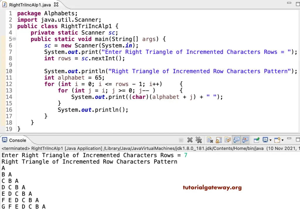 Java Program to Print Right Triangle of Incremental Alphabets Pattern