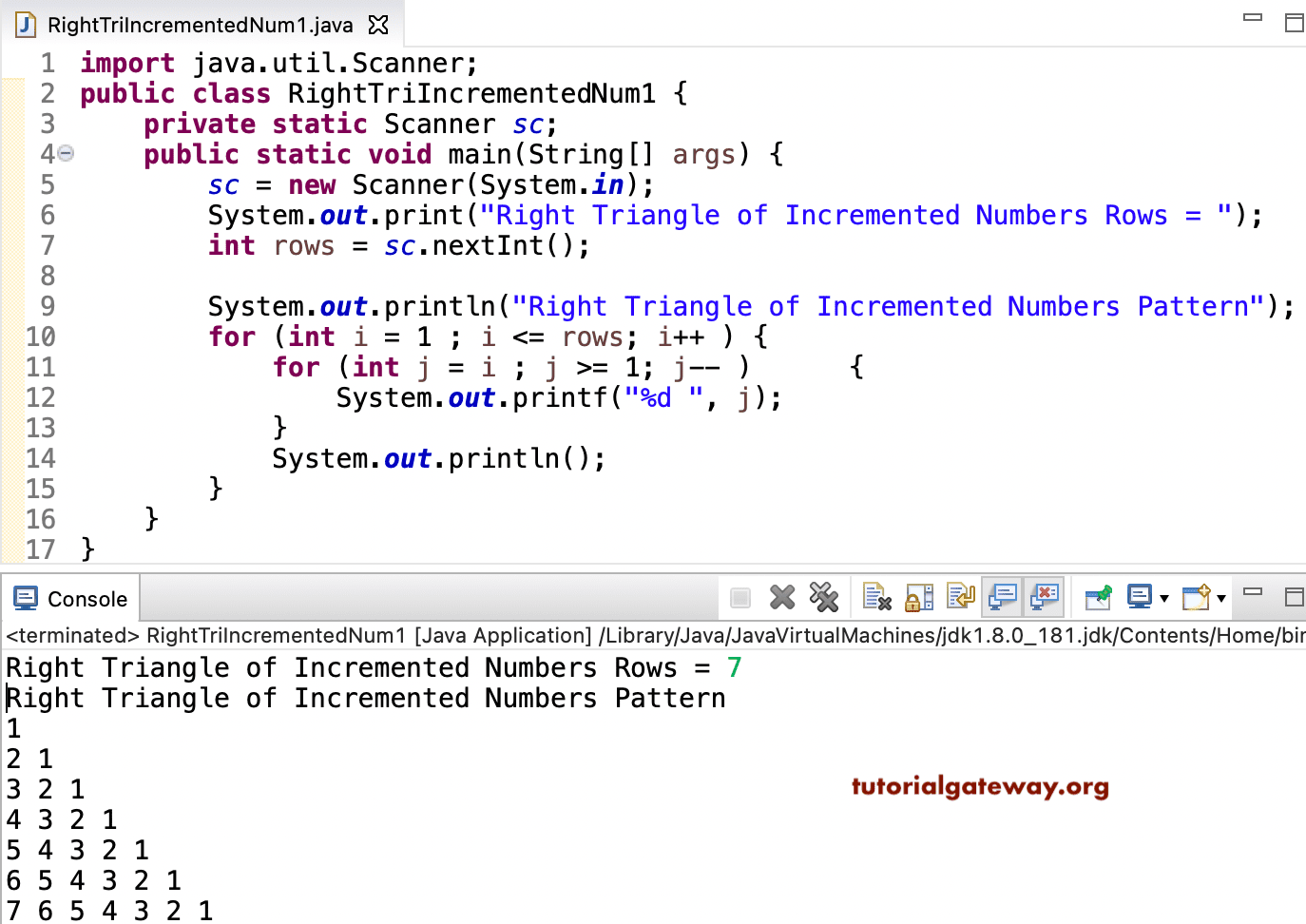 Java Program to Print Right Triangle of Incremented Numbers
