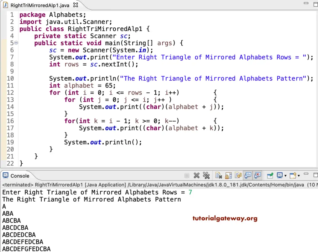 Java Program to Print Right Triangle of Mirrored Alphabets Pattern