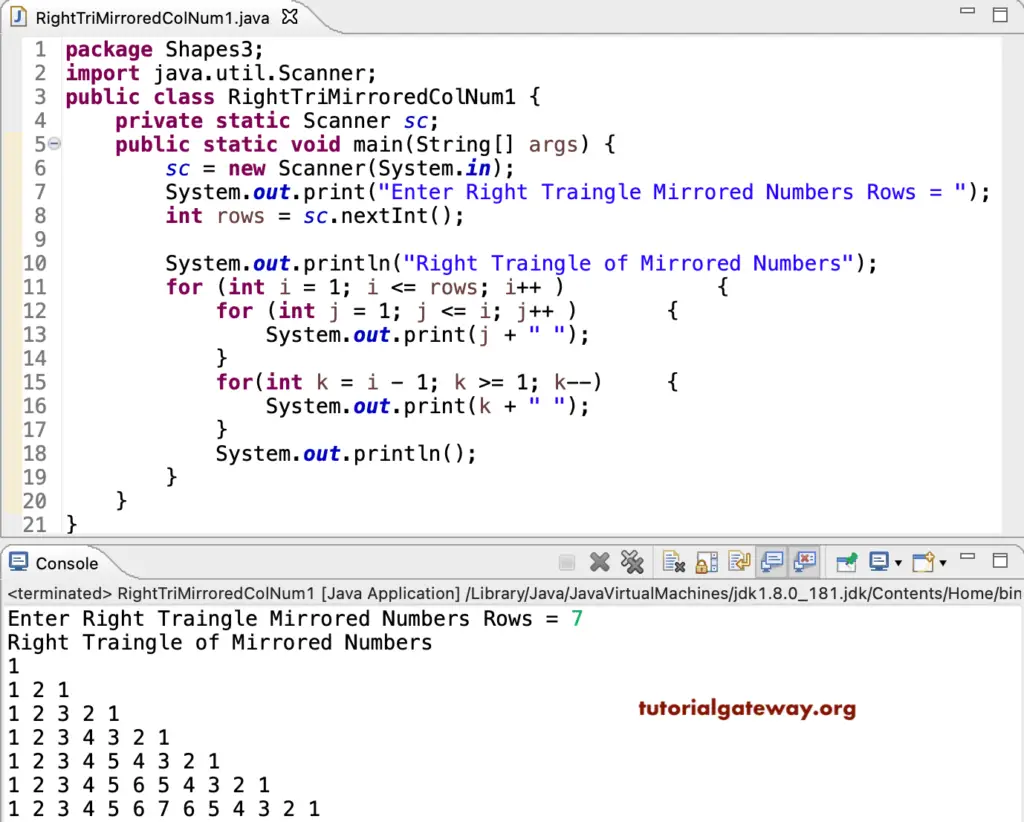 Java Program to Print Right Triangle of Mirrored Numbers Pattern